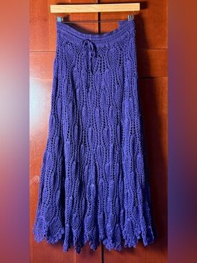 Vintage Silver Stream Purple Boho Crochet Cotton Maxi Skirt Size XL